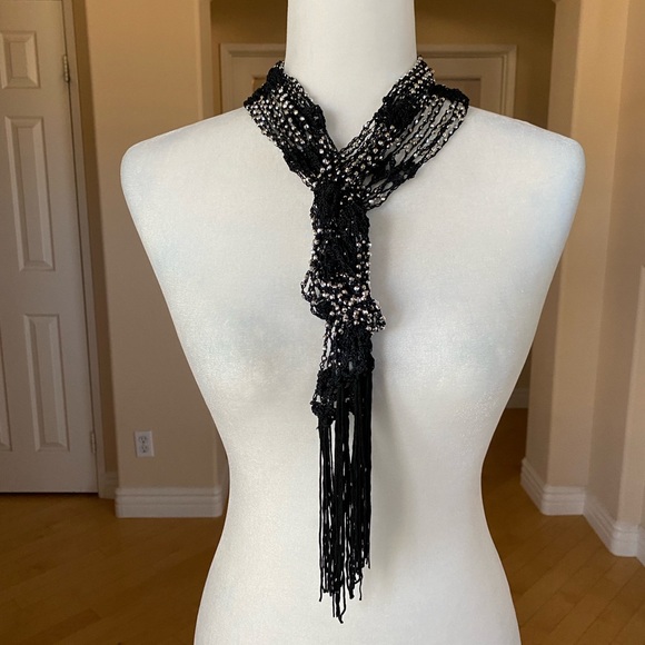 Two Pack Crocheted Beaded Necklace/Belt Jewelry Black/Silver and Blue/Silver - Picture 10 of 14